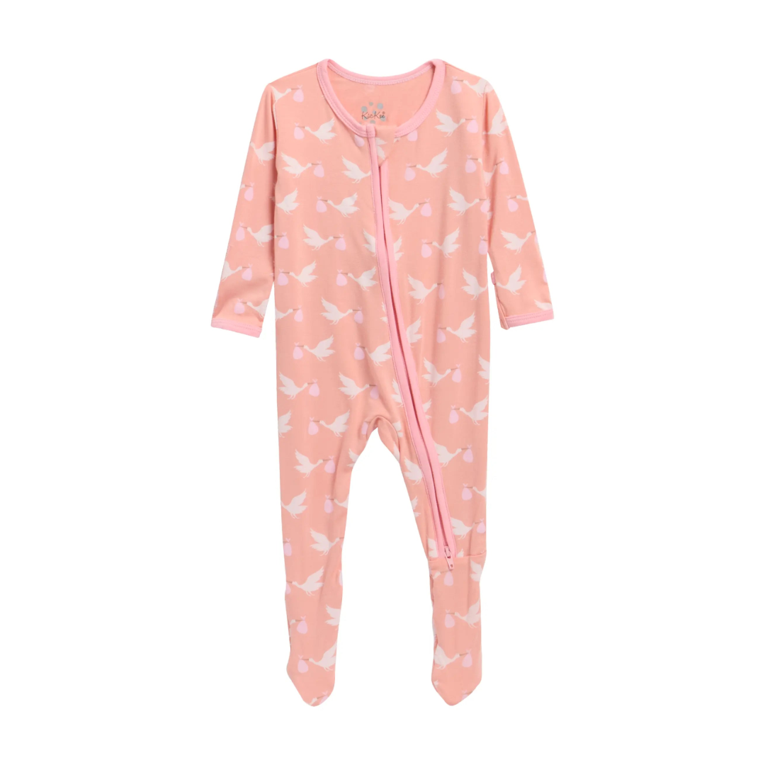 Print Footie with 2 Way Zipper in Blush Stork