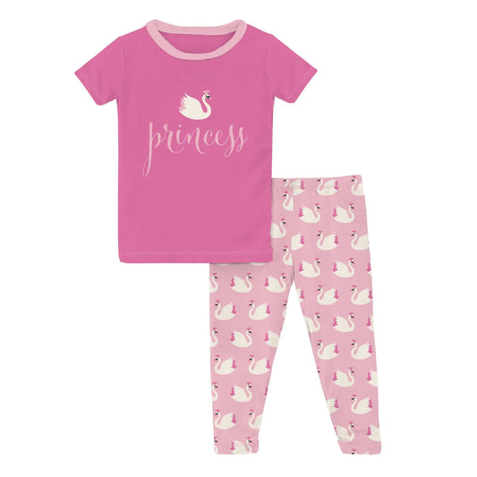Short Sleeve Graphic Tee Pajama Set in Cake Pop Swan Princess  - Doodlebug's Children's Boutique