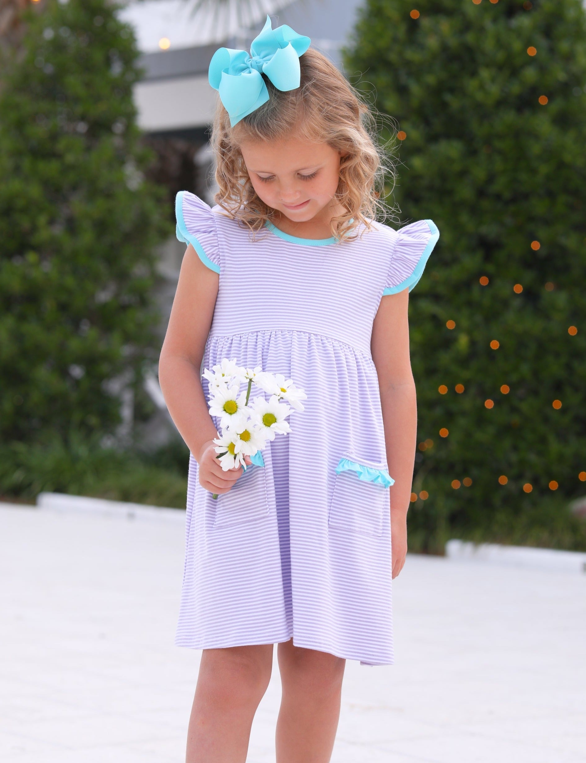 Lucy Dress in Lavender Stripe and Aqua  - Doodlebug's Children's Boutique
