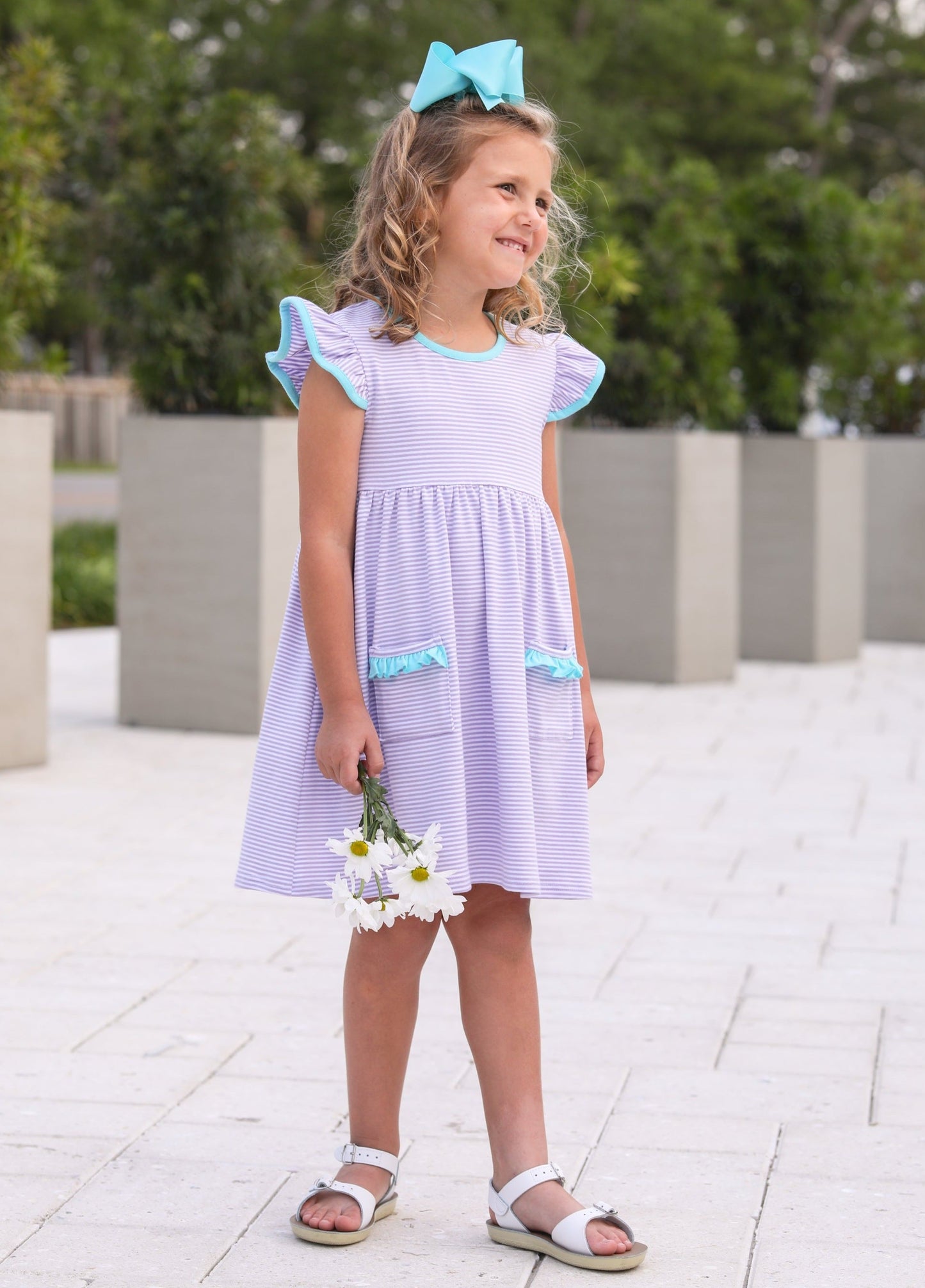 Lucy Dress in Lavender Stripe and Aqua  - Doodlebug's Children's Boutique