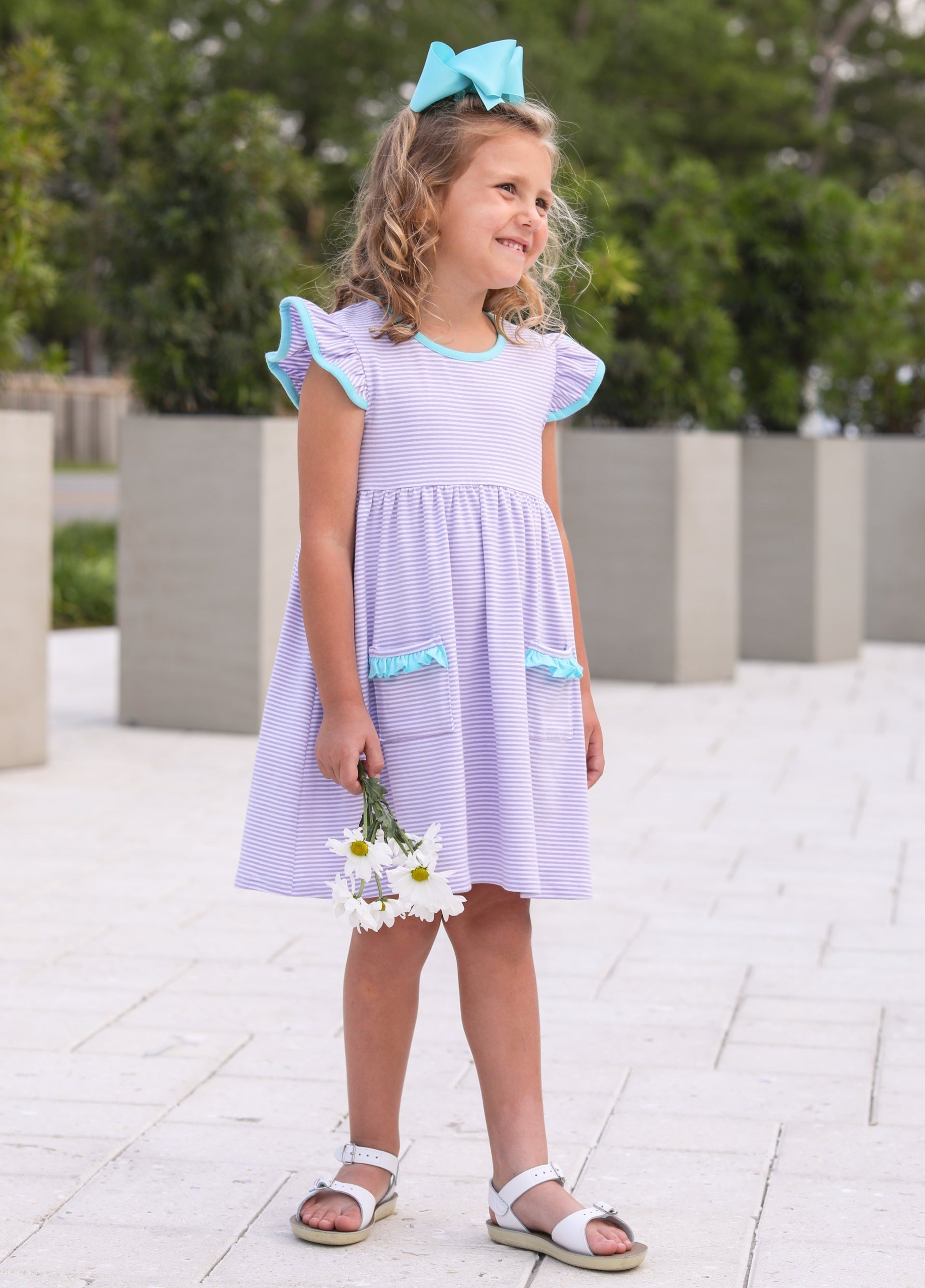 Lucy Dress in Lavender Stripe and Aqua  - Doodlebug's Children's Boutique
