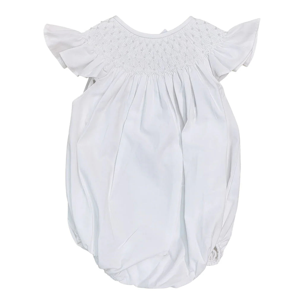 Catherine White Pearl Flutter Sleeve Smocked Bubble - Doodlebug's Children's Boutique