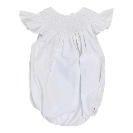 Catherine White Pearl Flutter Sleeve Smocked Bubble - Doodlebug's Children's Boutique