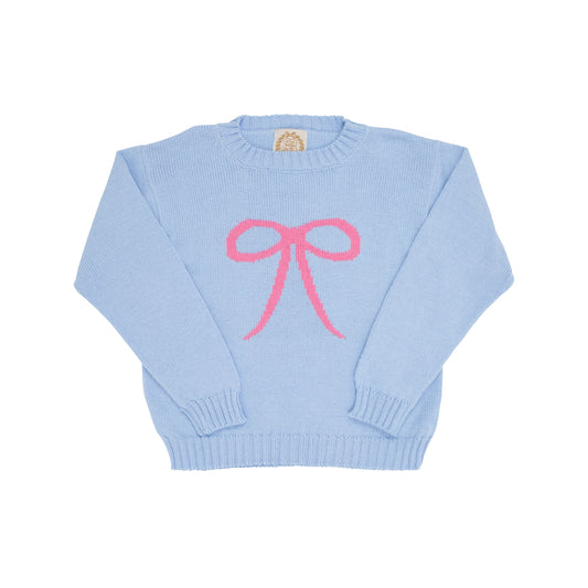 Isabelle's Intarsia Sweater in Beal Street Blue with Hamptons Hot Pink Bow  - Doodlebug's Children's Boutique