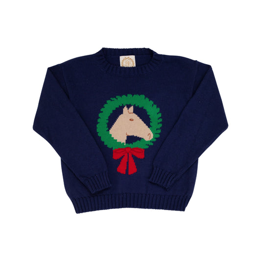 Isabelle's Intarsia Sweater in Nantucket Navy With Horse Intarsia  - Doodlebug's Children's Boutique