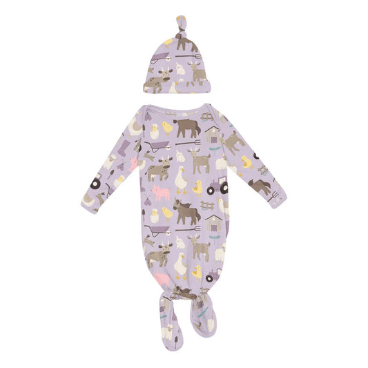 Print Knotted Layette Gown & Hat Set in Thistle Morning on the Farm - Doodlebug's Children's Boutique
