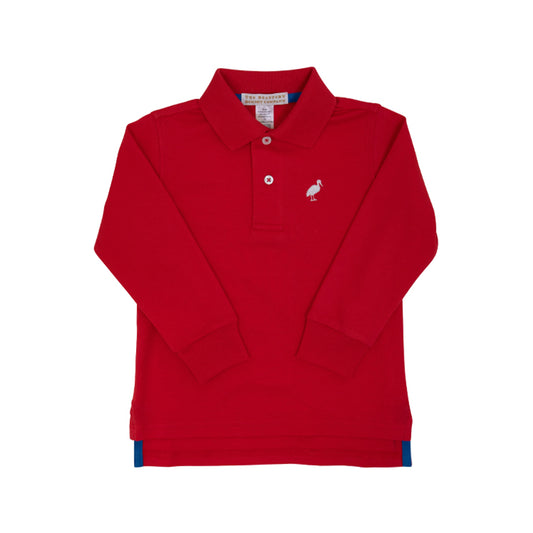 Prim & Proper Long Sleeve Polo in Richmond Red with Worth Avenue White Stork  - Doodlebug's Children's Boutique