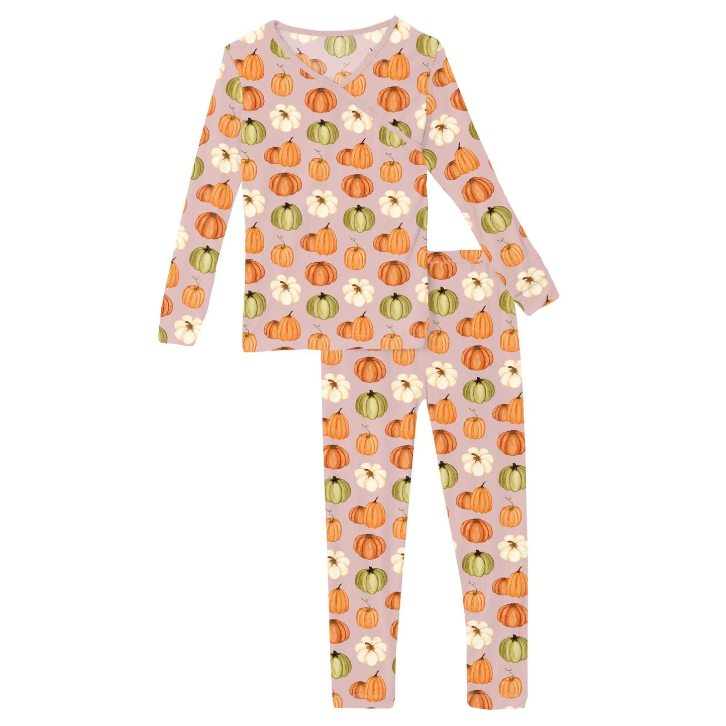 Print Long Sleeve Kimono Pajama Set in Baby Rose Pumpkin Patch - Doodlebug's Children's Boutique