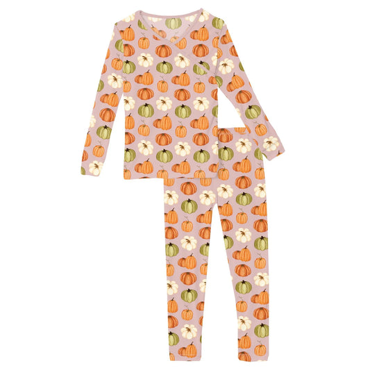 Print Long Sleeve Kimono Pajama Set in Baby Rose Pumpkin Patch - Doodlebug's Children's Boutique