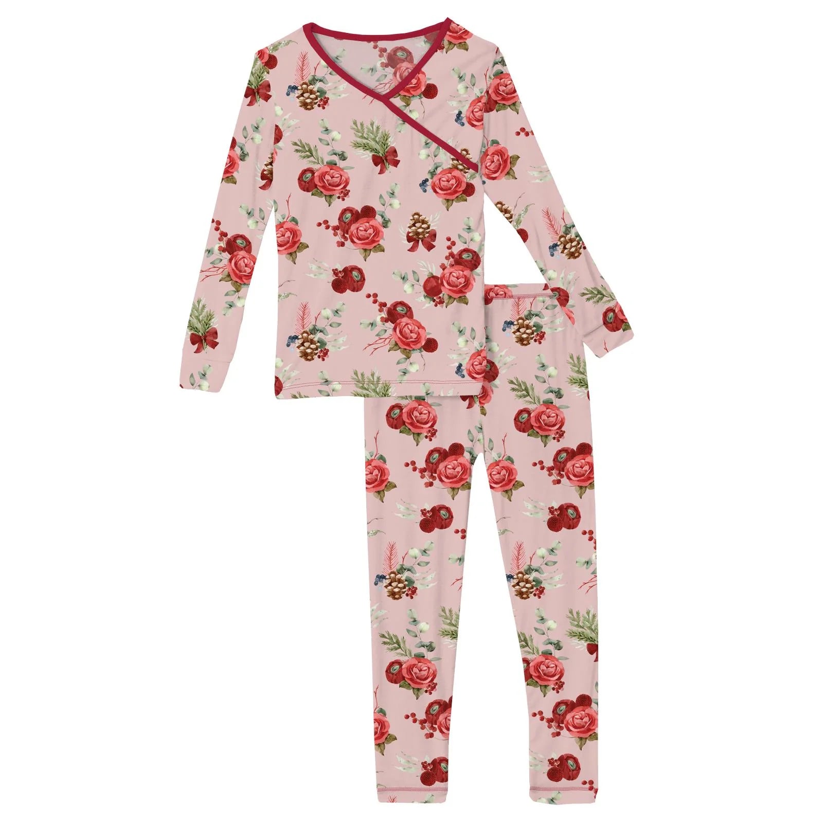 Print Long Sleeve Kimono Pajama Set in Baby Rose Holiday Floral - Doodlebug's Children's Boutique