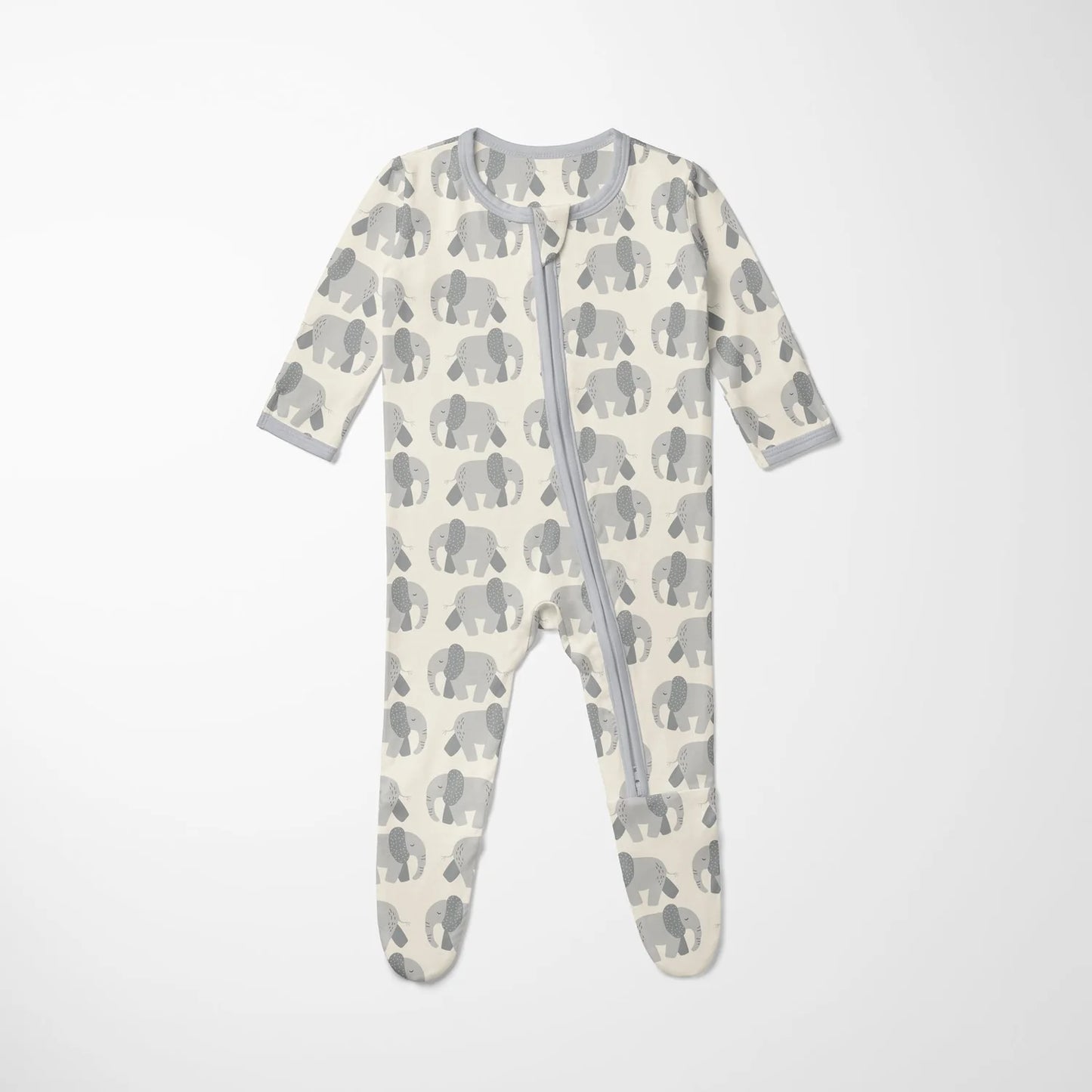 Print Footie with 2 Way Zipper in Natural Elephant