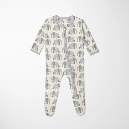 Print Footie with 2 Way Zipper in Natural Elephant