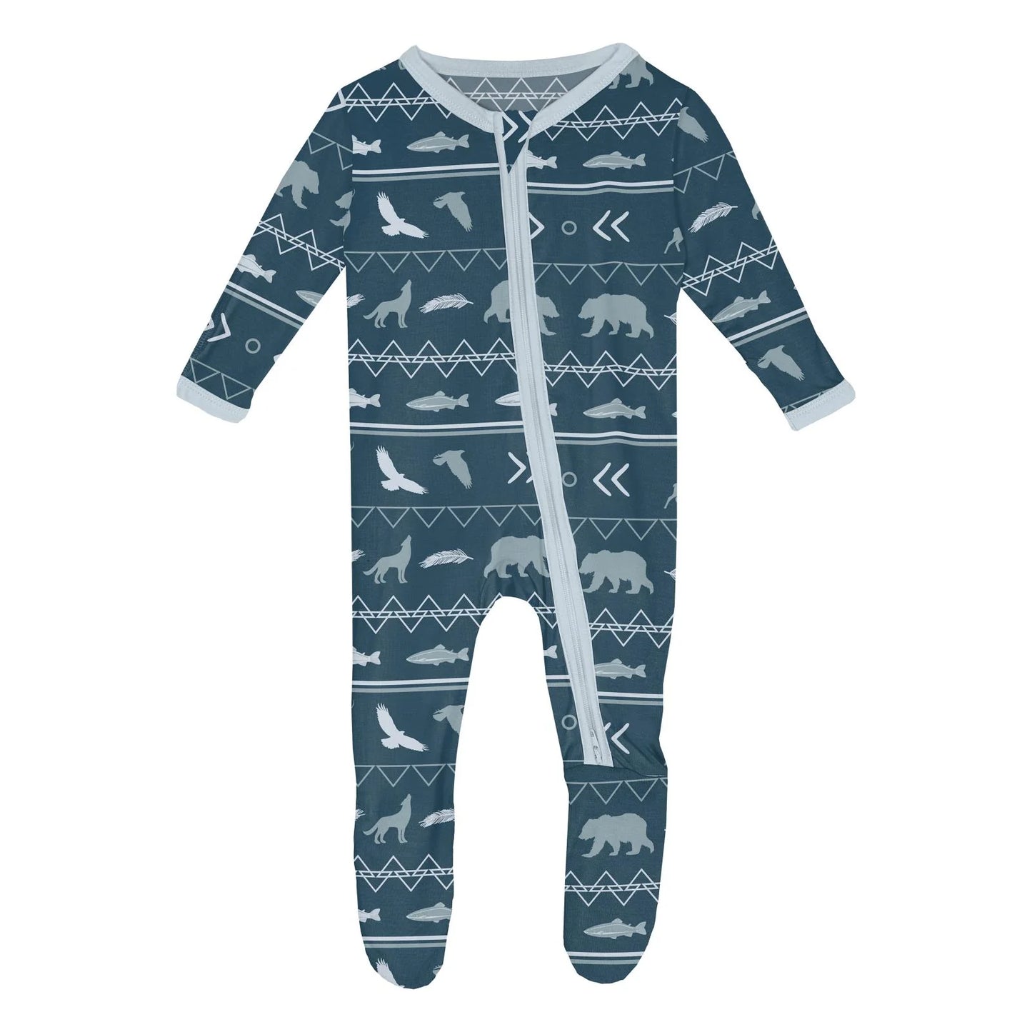 Print Footie with 2 Way Zipper in Peacock Native Tribal Lore  - Doodlebug's Children's Boutique