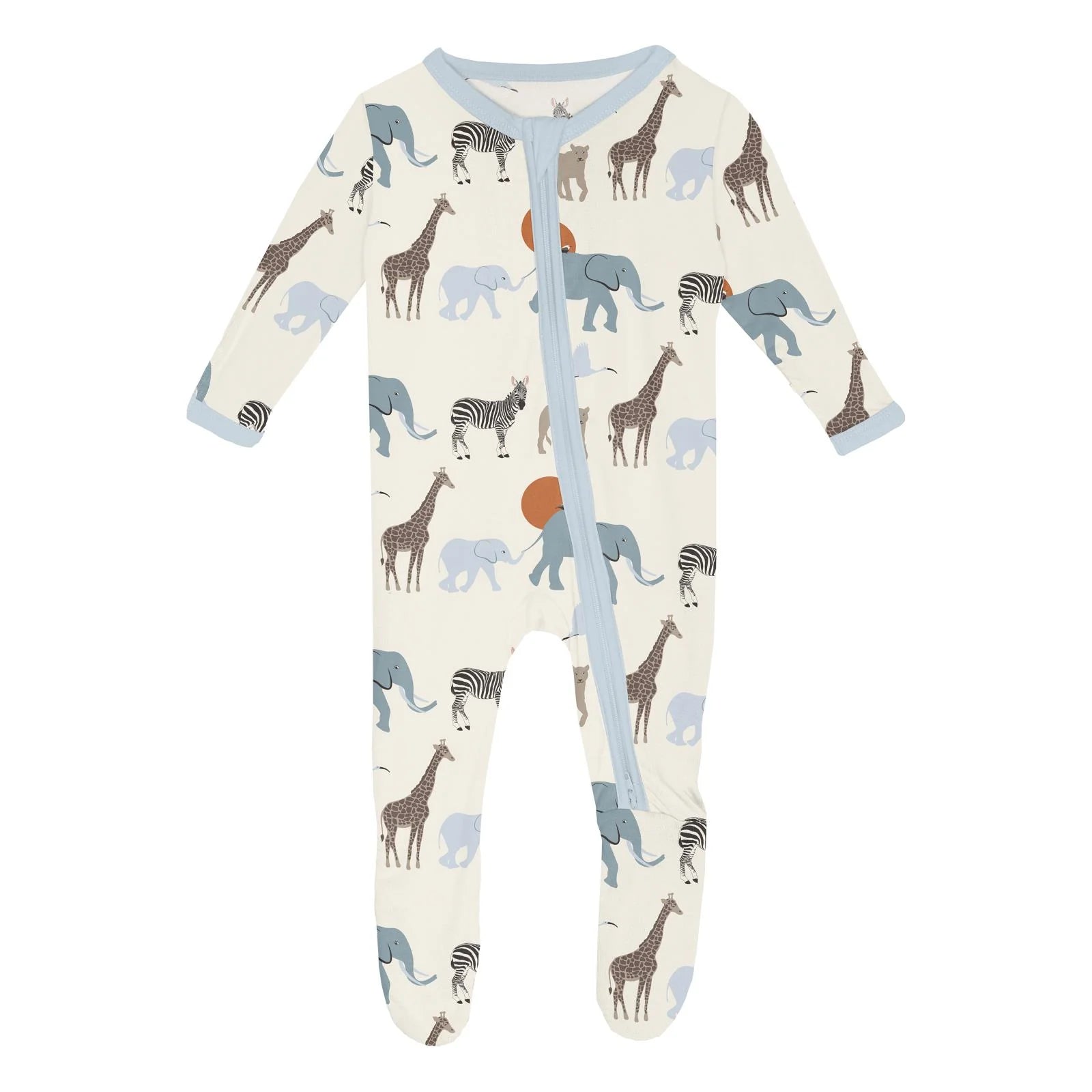 Print Footie with 2 Way Zipper in Natural Just So Animals  - Doodlebug's Children's Boutique