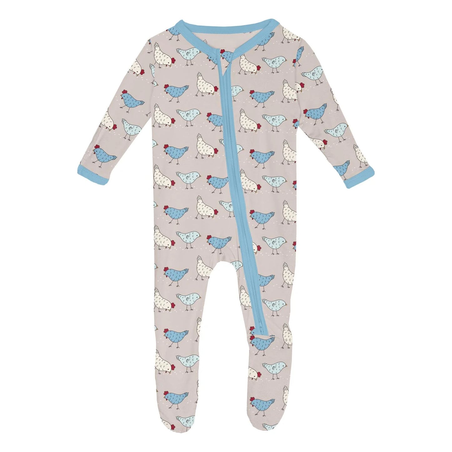 Print Footie with 2 Way Zipper in Latte Chickens - Doodlebug's Children's Boutique