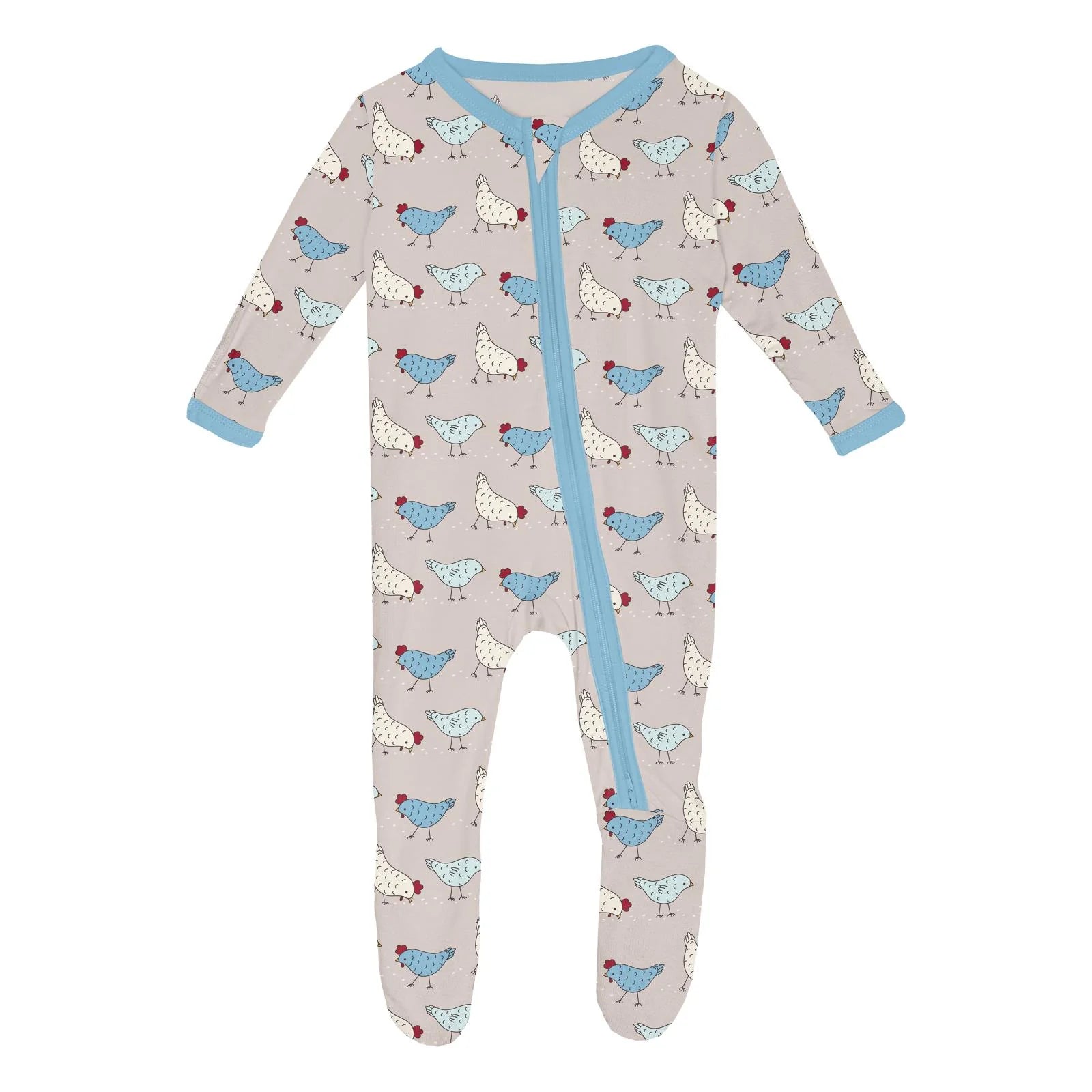 Print Footie with 2 Way Zipper in Latte Chickens - Doodlebug's Children's Boutique