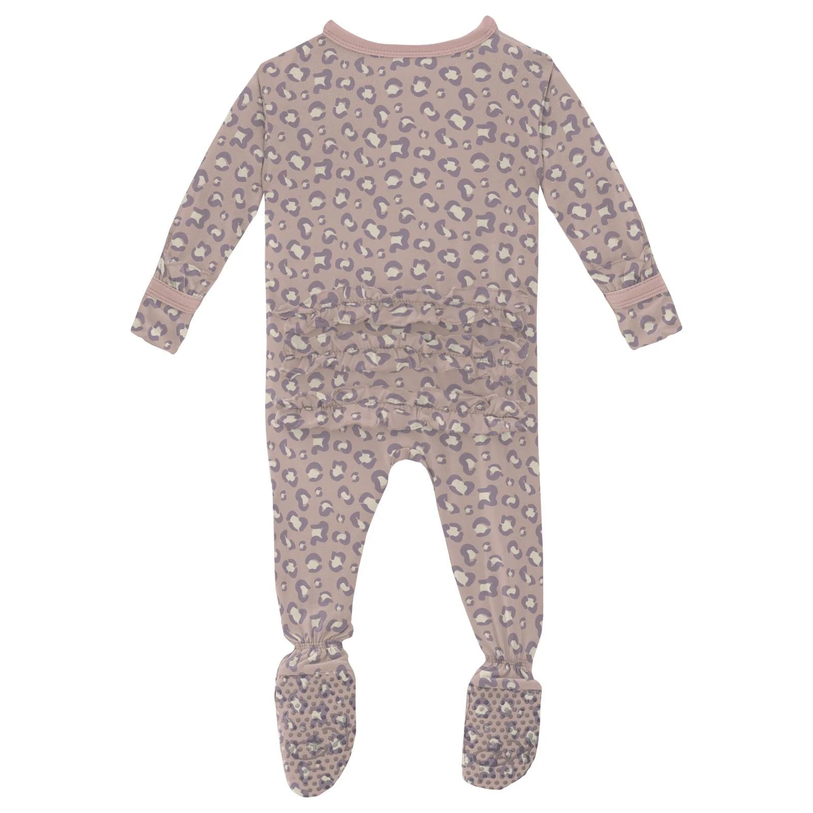Print Layette Ruffle Footie with 2 Way Zipper in Baby Rose Cheetah Print - Doodlebug's Children's Boutique
