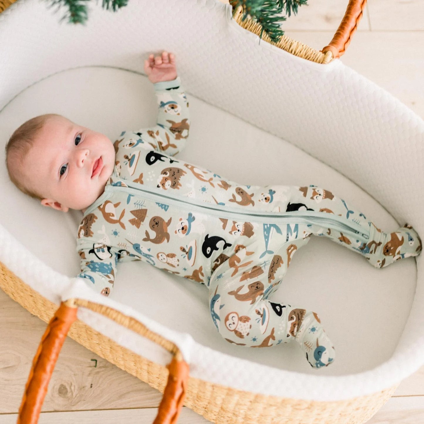 Print Footie with 2 Way Zipper in Aloe Arctic Animals - Doodlebug's Children's Boutique