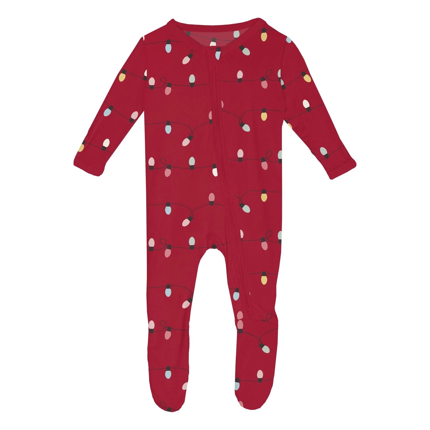 Print Footie with 2 Way Zipper in Crimson Holiday Lights - Doodlebug's Children's Boutique