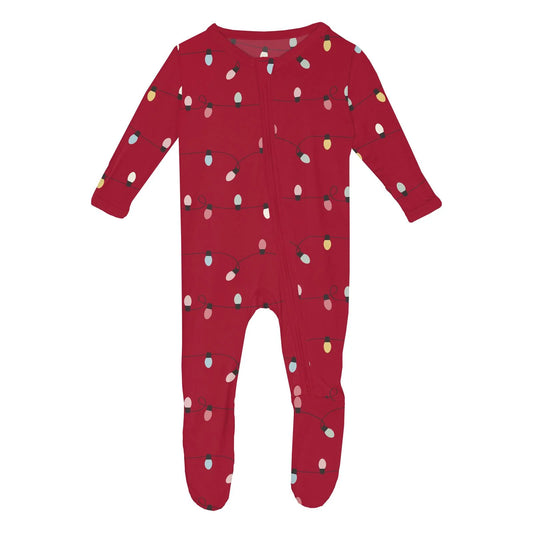 Print Footie with 2 Way Zipper in Crimson Holiday Lights - Doodlebug's Children's Boutique