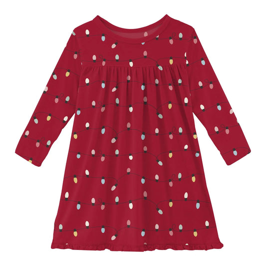 Print Long Sleeve Swing Dress in Crimson Holiday Lights - Doodlebug's Children's Boutique