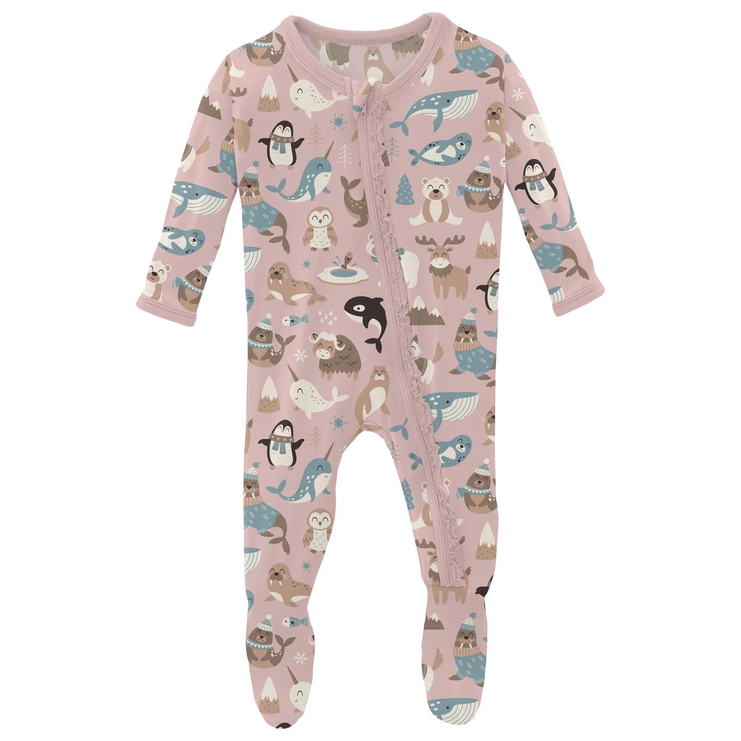 Print Layette Ruffle Footie with 2 Way Zipper in Baby Rose Arctic Animals - Doodlebug's Children's Boutique