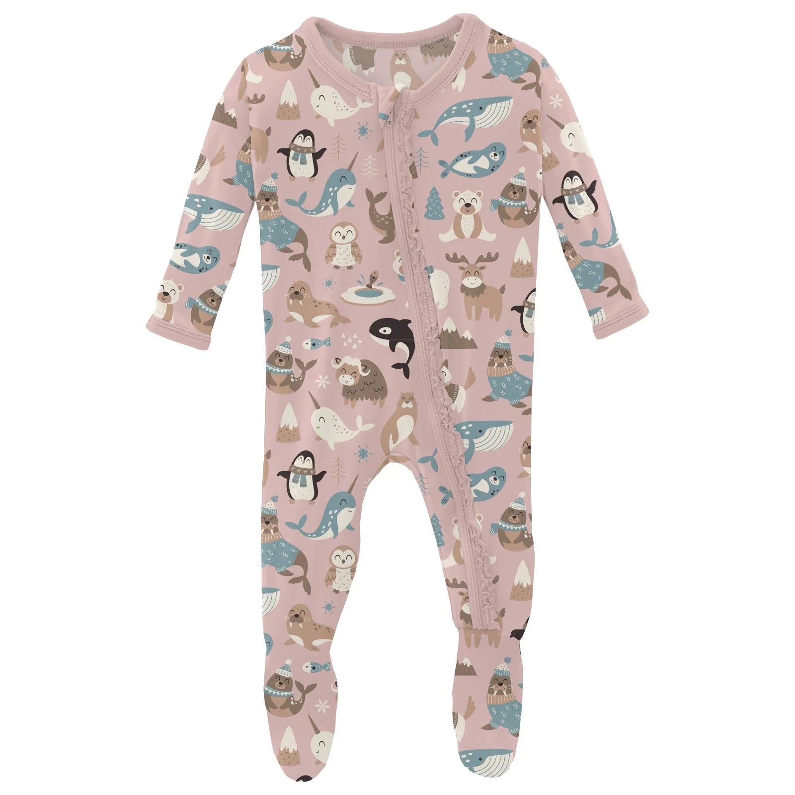Print Layette Ruffle Footie with 2 Way Zipper in Baby Rose Arctic Animals - Doodlebug's Children's Boutique