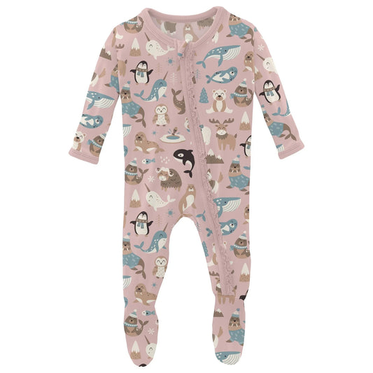 Print Layette Ruffle Footie with 2 Way Zipper in Baby Rose Arctic Animals - Doodlebug's Children's Boutique