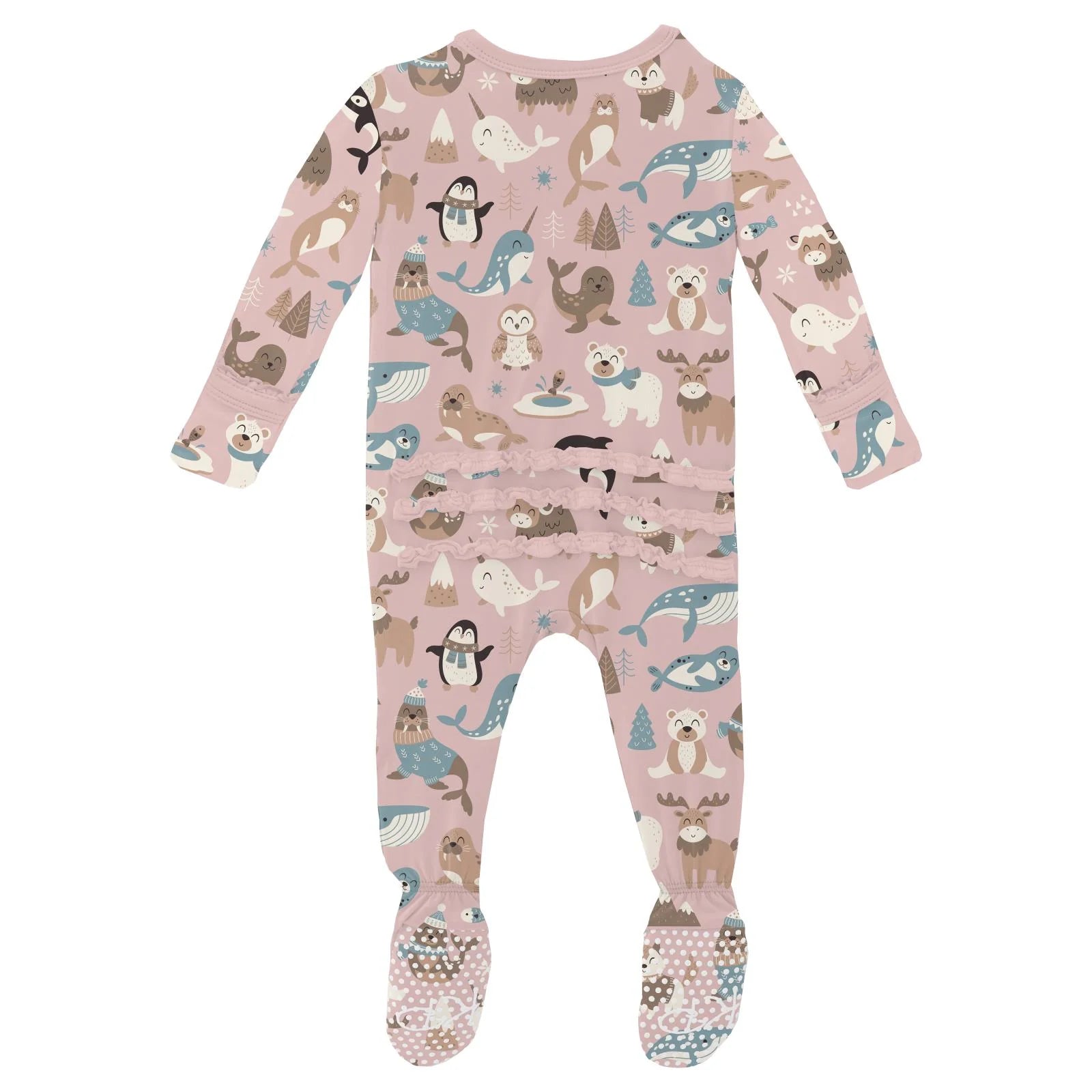 Print Layette Ruffle Footie with 2 Way Zipper in Baby Rose Arctic Animals - Doodlebug's Children's Boutique