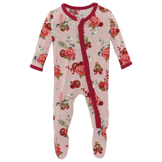 Print Muffin Ruffle Footie with 2 Way Zipper in Baby Rose Holiday Floral - Doodlebug's Children's Boutique