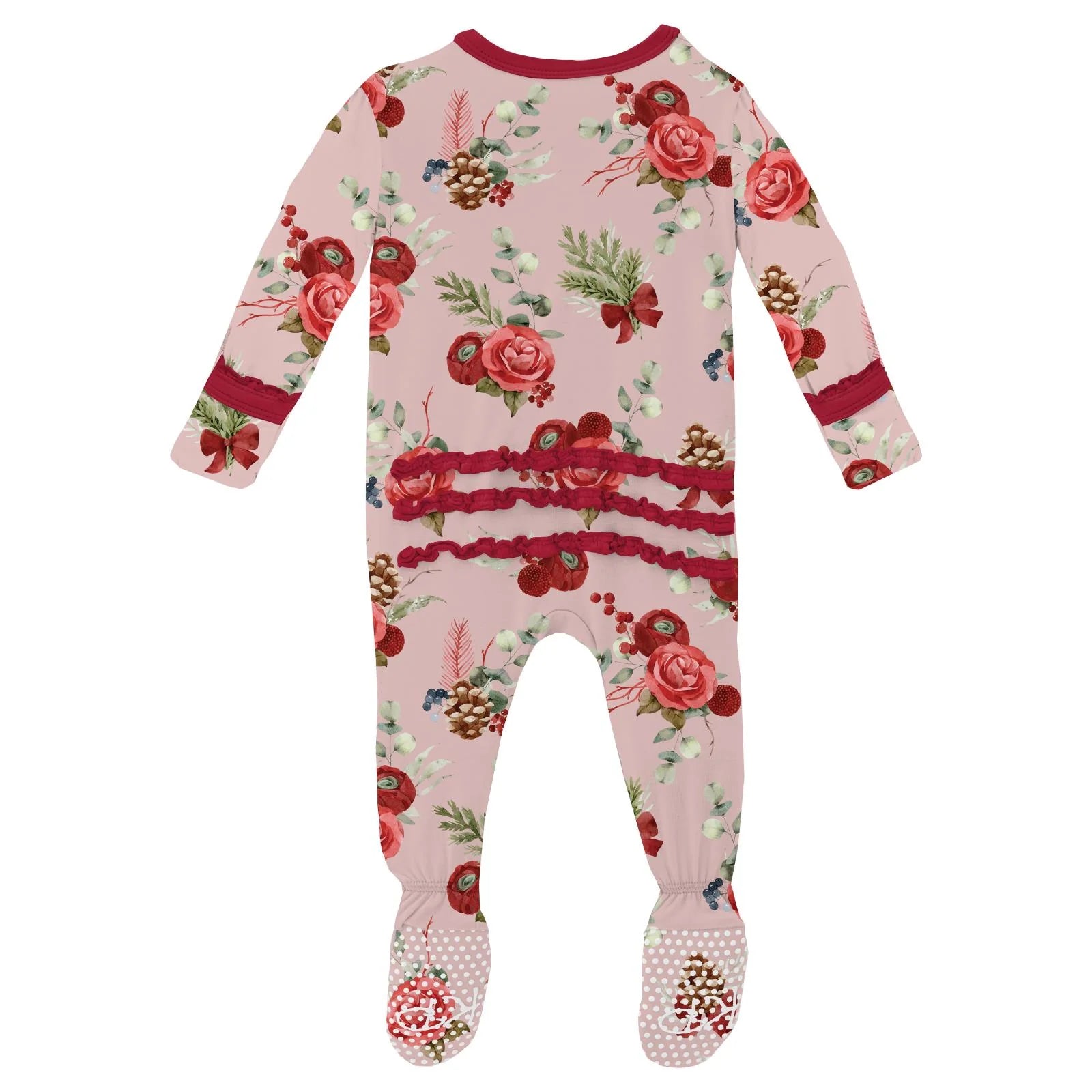 Print Muffin Ruffle Footie with 2 Way Zipper in Baby Rose Holiday Floral - Doodlebug's Children's Boutique