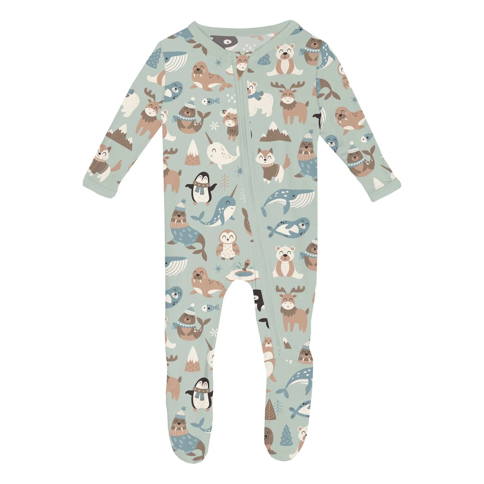 Print Footie with 2 Way Zipper in Aloe Arctic Animals - Doodlebug's Children's Boutique