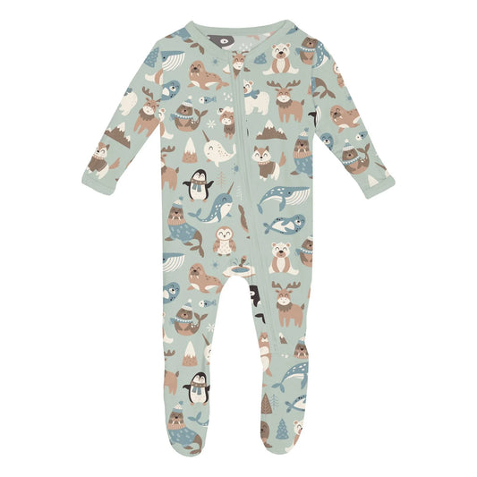 Print Footie with 2 Way Zipper in Aloe Arctic Animals - Doodlebug's Children's Boutique