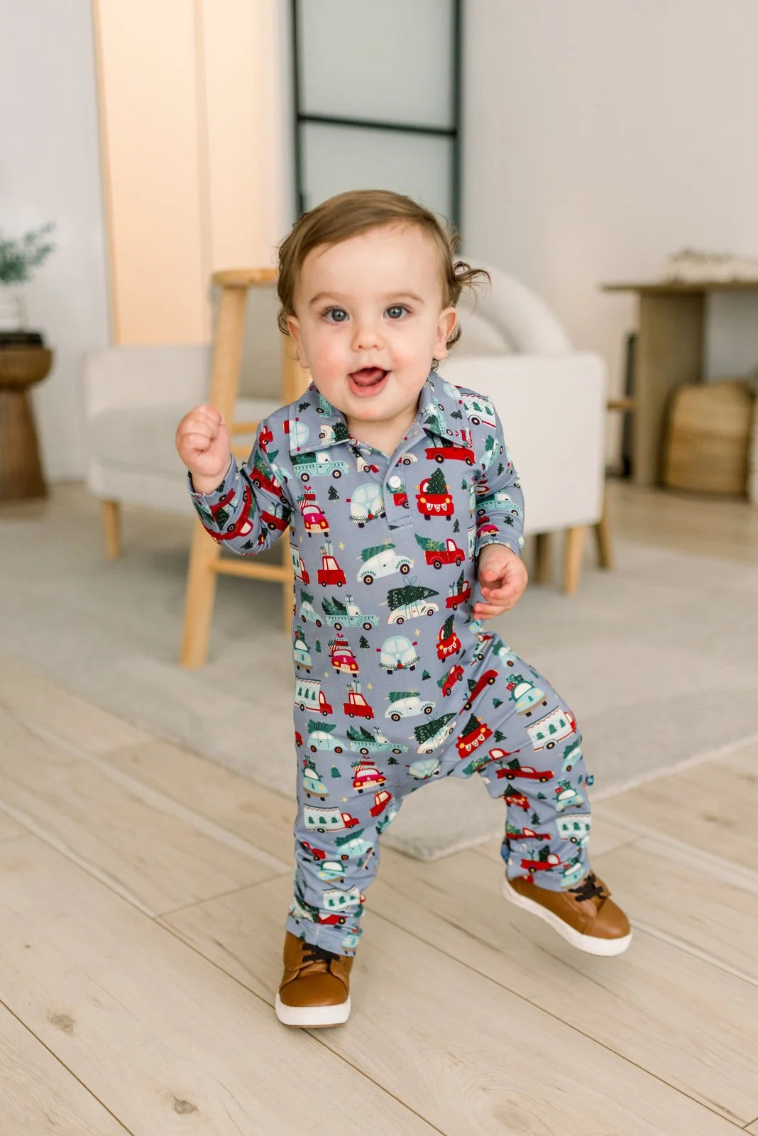 Long Sleeve Polo Romper in Moonlight Christmas Cars & Trucks - Doodlebug's Children's Boutique