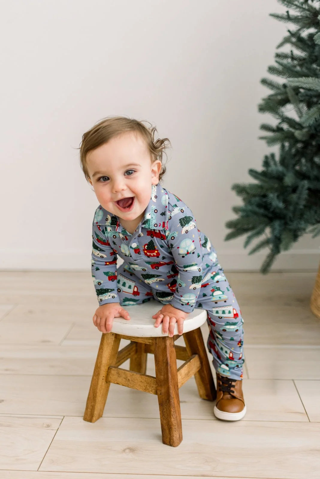 Long Sleeve Polo Romper in Moonlight Christmas Cars & Trucks - Doodlebug's Children's Boutique