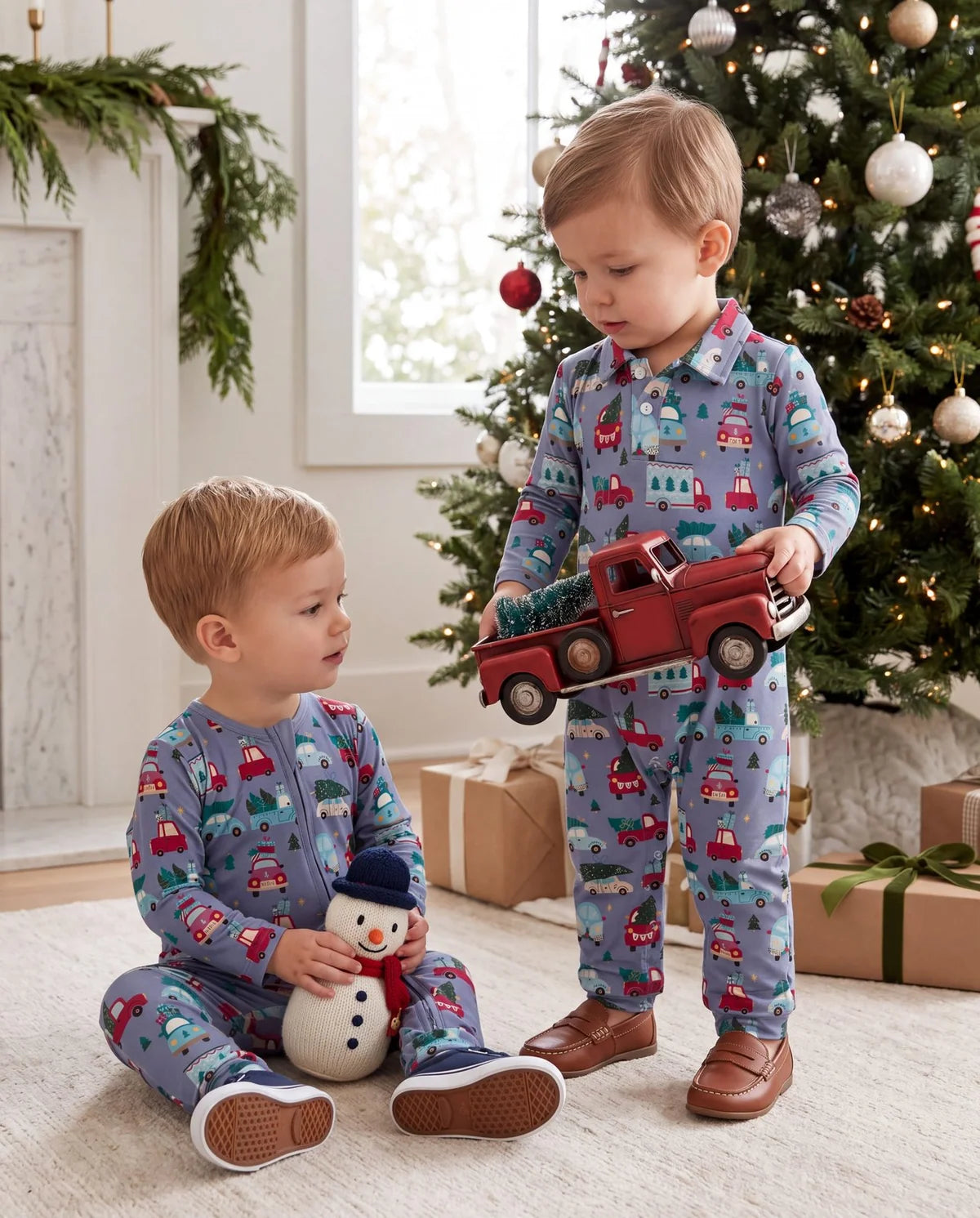 Long Sleeve Polo Romper in Moonlight Christmas Cars & Trucks - Doodlebug's Children's Boutique