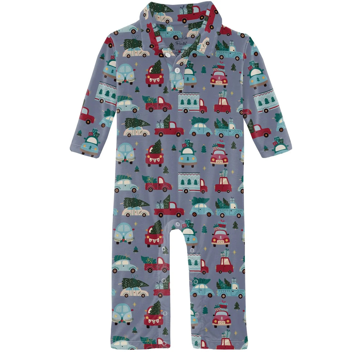 Long Sleeve Polo Romper in Moonlight Christmas Cars & Trucks - Doodlebug's Children's Boutique