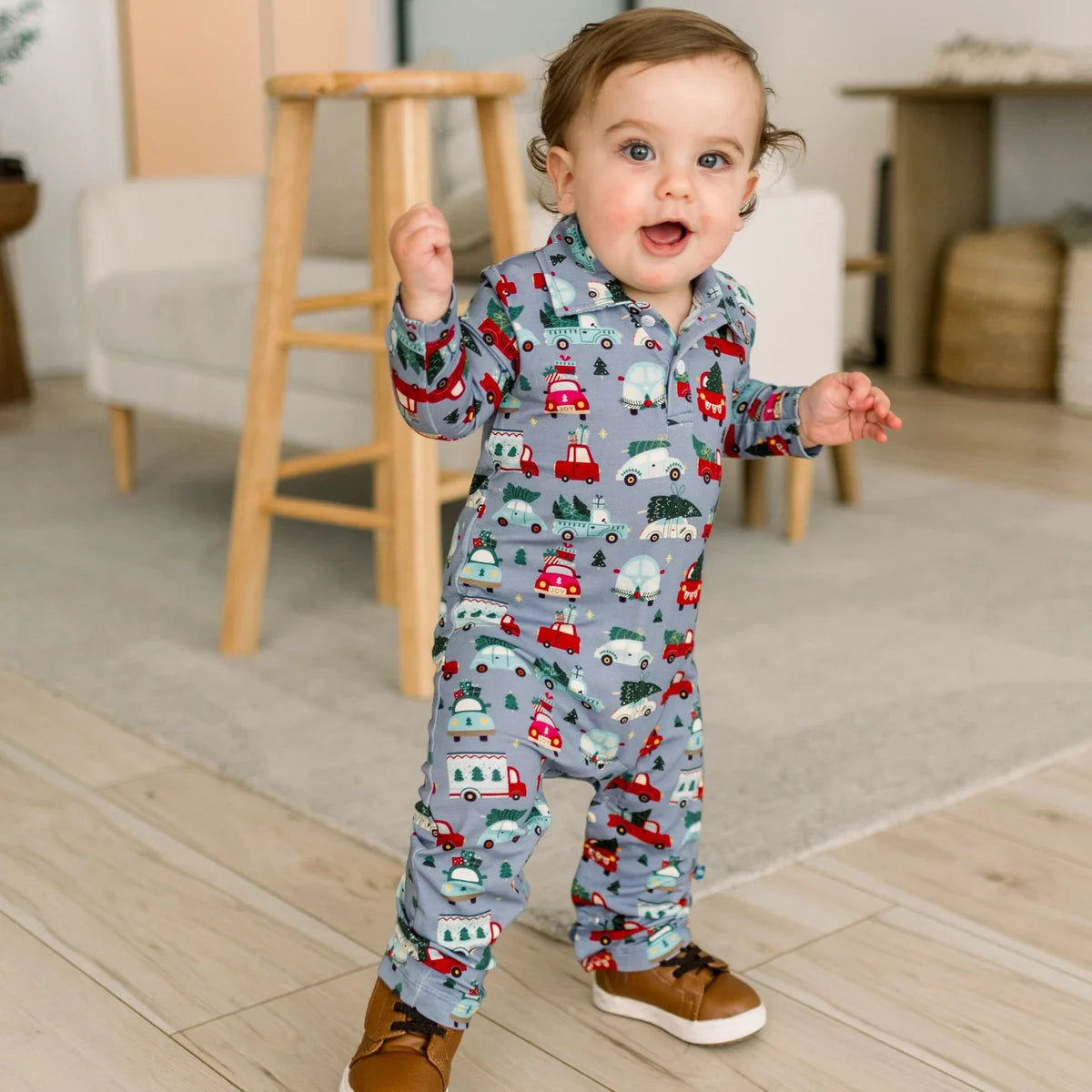 Long Sleeve Polo Romper in Moonlight Christmas Cars & Trucks - Doodlebug's Children's Boutique