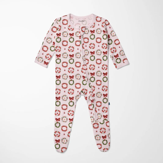 Print Footie with 2 Way Zipper in Shrinking Violet Wreath
