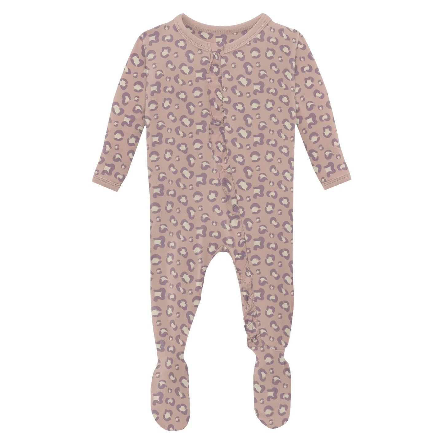 Print Layette Ruffle Footie with 2 Way Zipper in Baby Rose Cheetah Print - Doodlebug's Children's Boutique