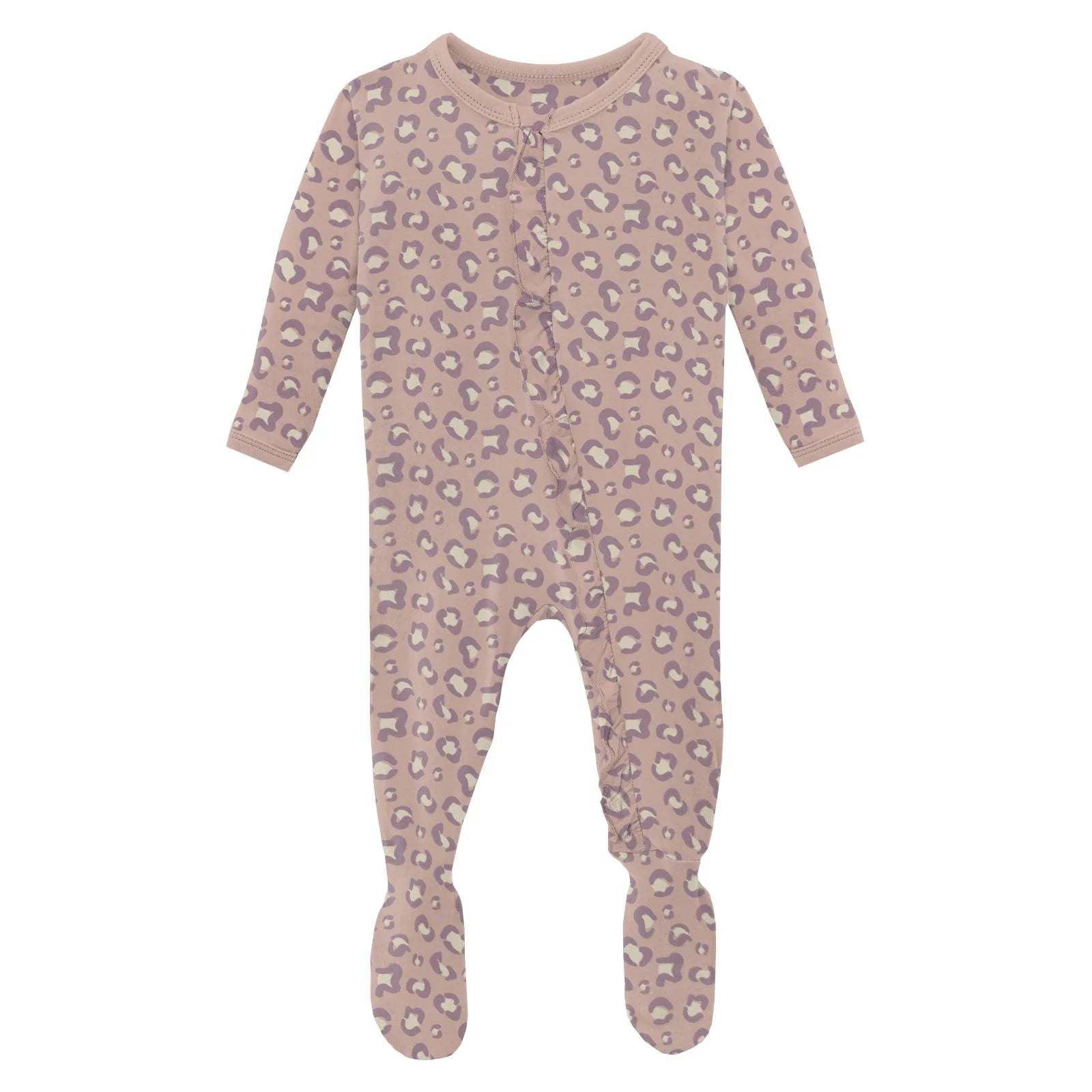 Print Layette Ruffle Footie with 2 Way Zipper in Baby Rose Cheetah Print - Doodlebug's Children's Boutique