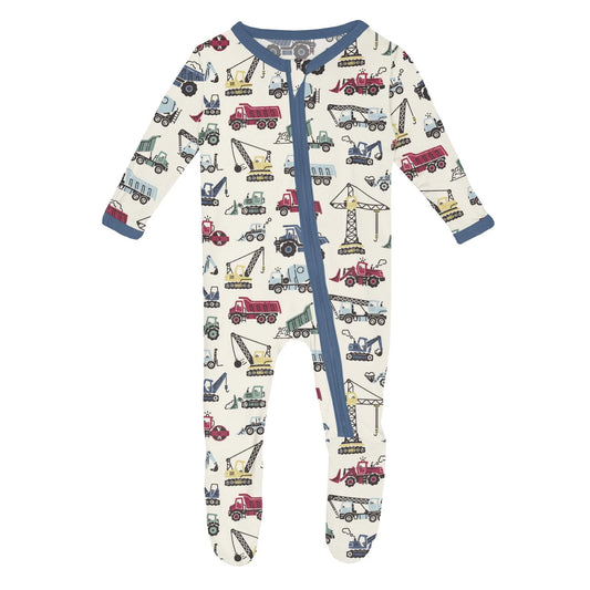 Print Footie with 2 Way Zipper in Natural Construction Trucks - Doodlebug's Children's Boutique