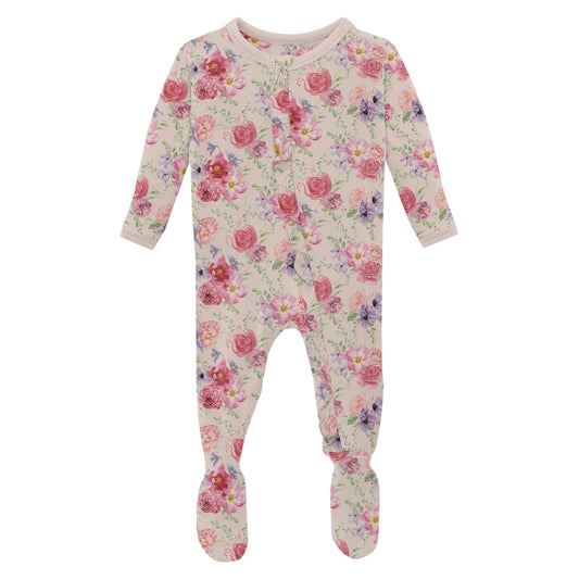 Print Layette Ruffle Footie with 2 Way Zipper in Shrinking Violet Dreamy Floral - Doodlebug's Children's Boutique