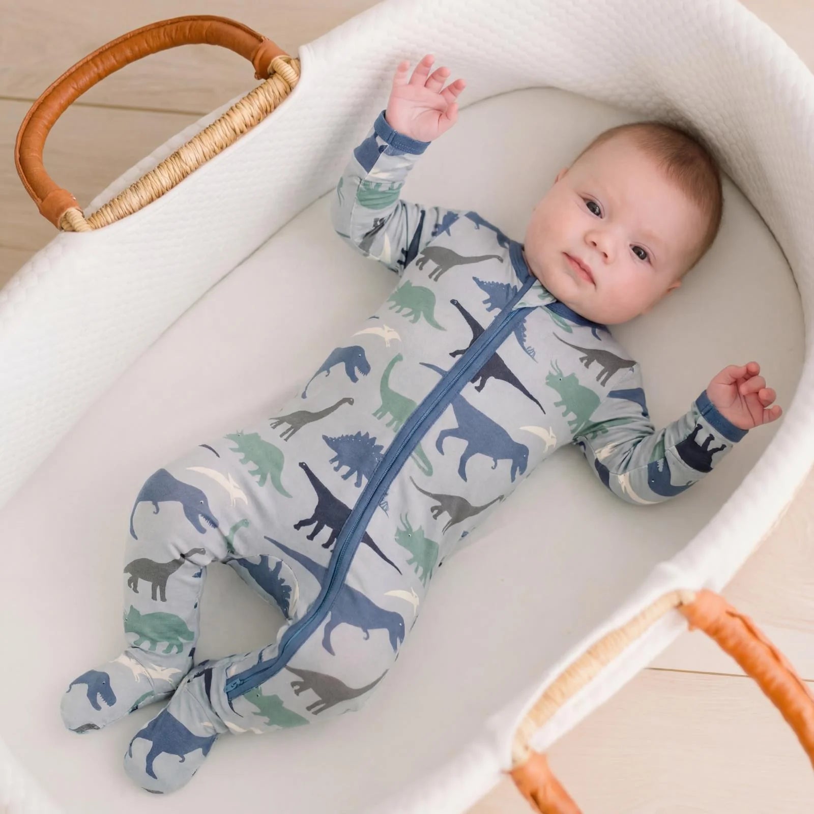 Print Footie with 2 Way Zipper in Dove Dino Museum - Doodlebug's Children's Boutique