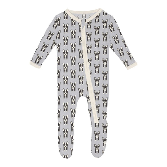 Print Footie with 2 Way Zipper in Dove Bulldogs - Doodlebug's Children's Boutique