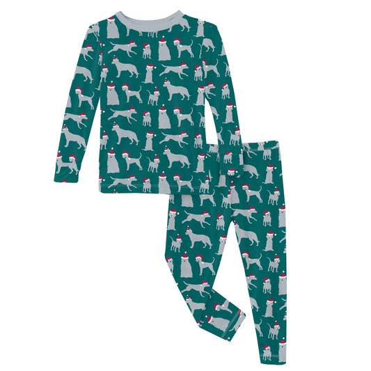 Print Long Sleeve Pajama Set in Cedar Santa Dogs  - Doodlebug's Children's Boutique