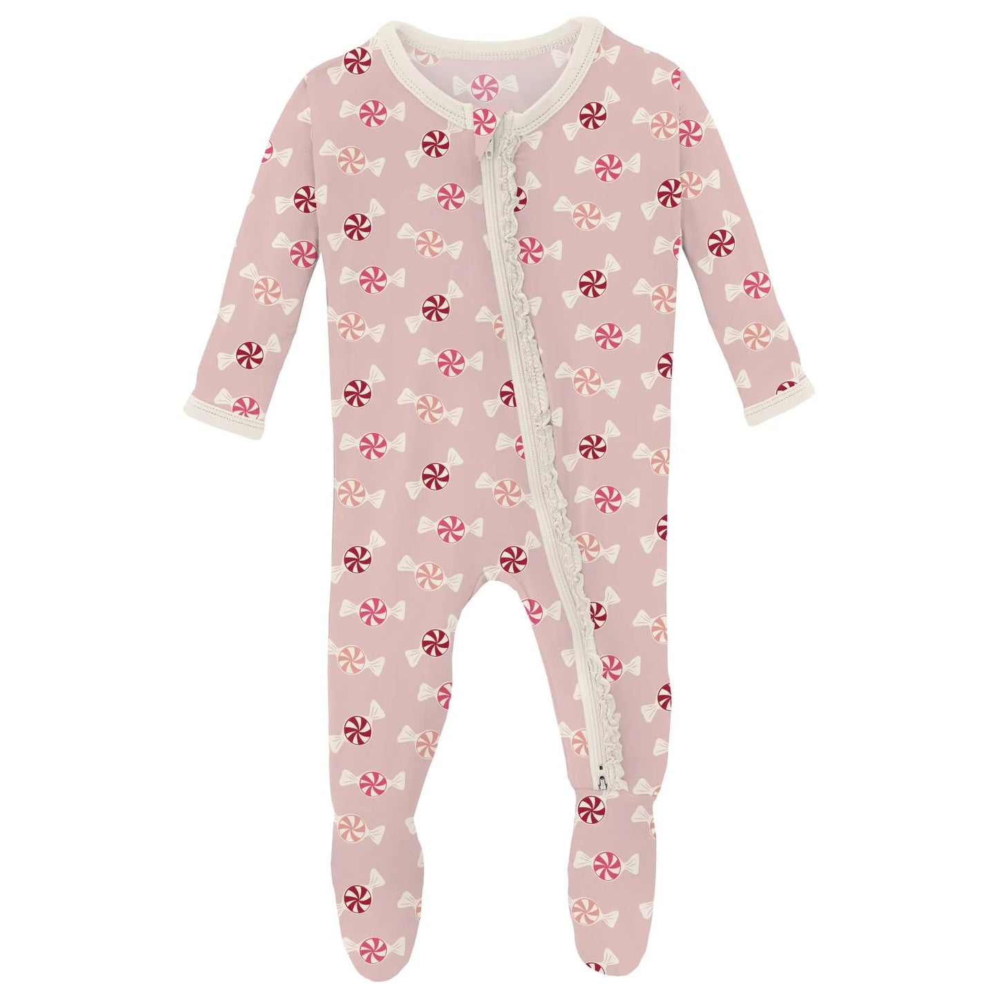 Print Muffin Ruffle Footie with 2 Way Zipper in Baby Rose Peppermints