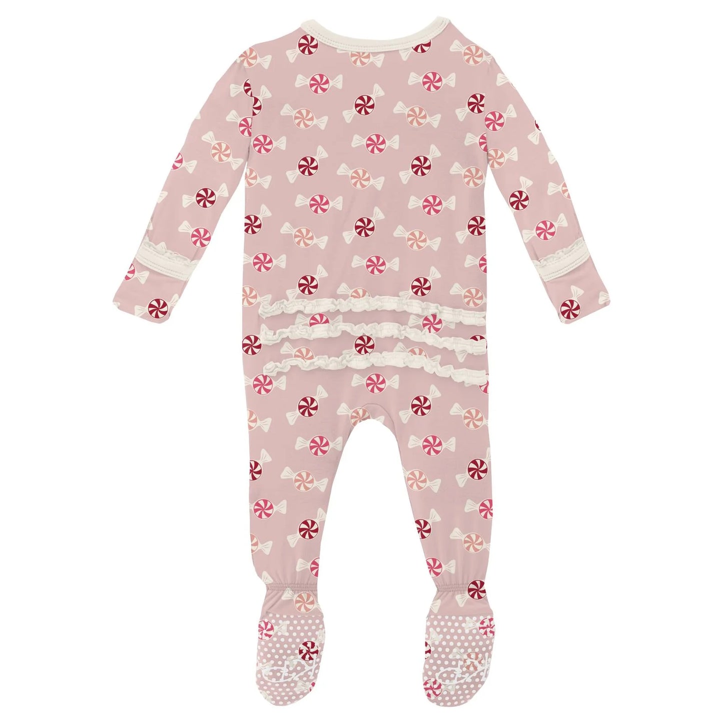 Print Muffin Ruffle Footie with 2 Way Zipper in Baby Rose Peppermints