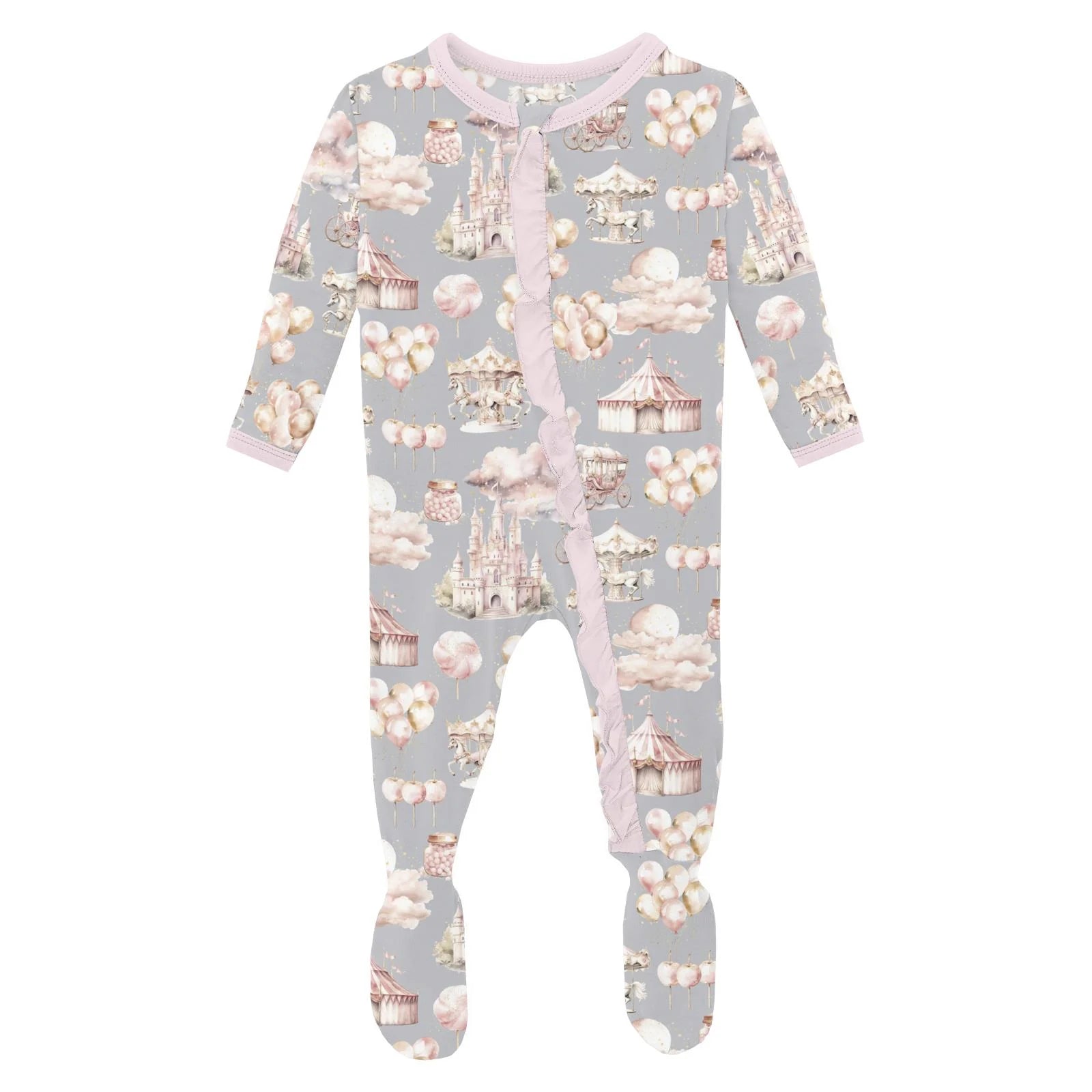 Print Layette Ruffle Footie with 2 Way Zipper in Dove Princess Dreams - Doodlebug's Children's Boutique