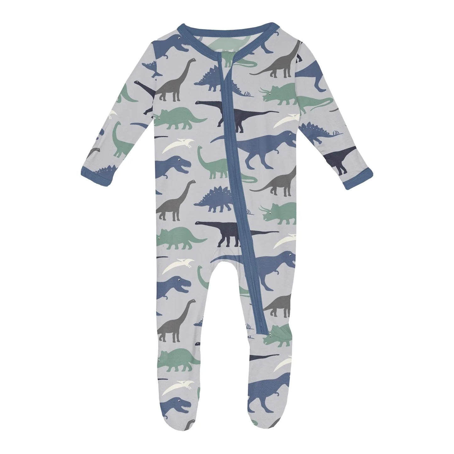 Print Footie with 2 Way Zipper in Dove Dino Museum - Doodlebug's Children's Boutique